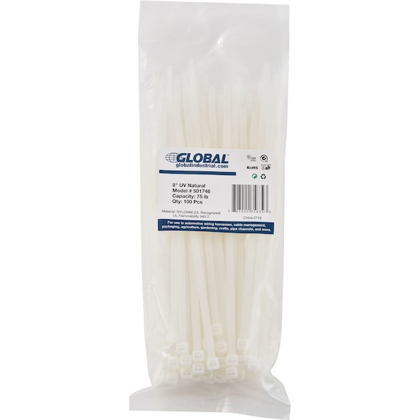 Global Industrial Cable Tie, 8 in L, Natural, 75 lb Strength, 100 PK 501746 - main